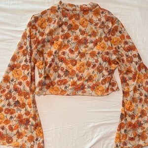Floral Bell Sleeve Top - Orange and Brown